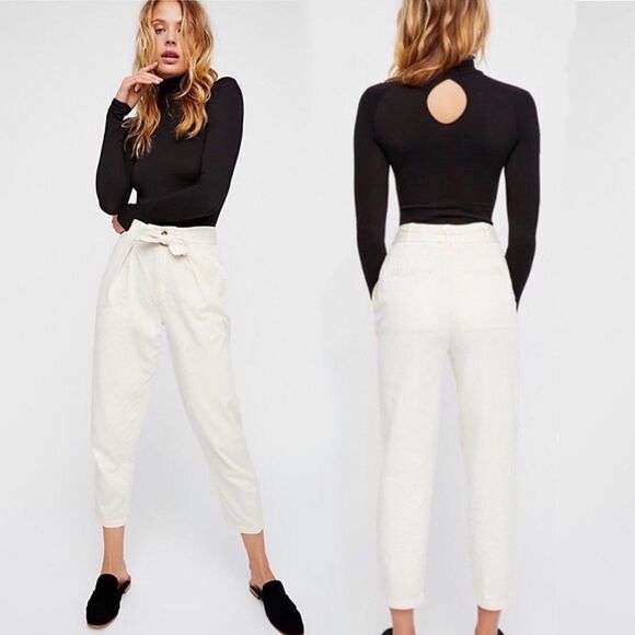 Free People Pants - Free People Size 2 High-Waisted ‘90s Peg Pants Ivory Tie Waist Tapered Leg